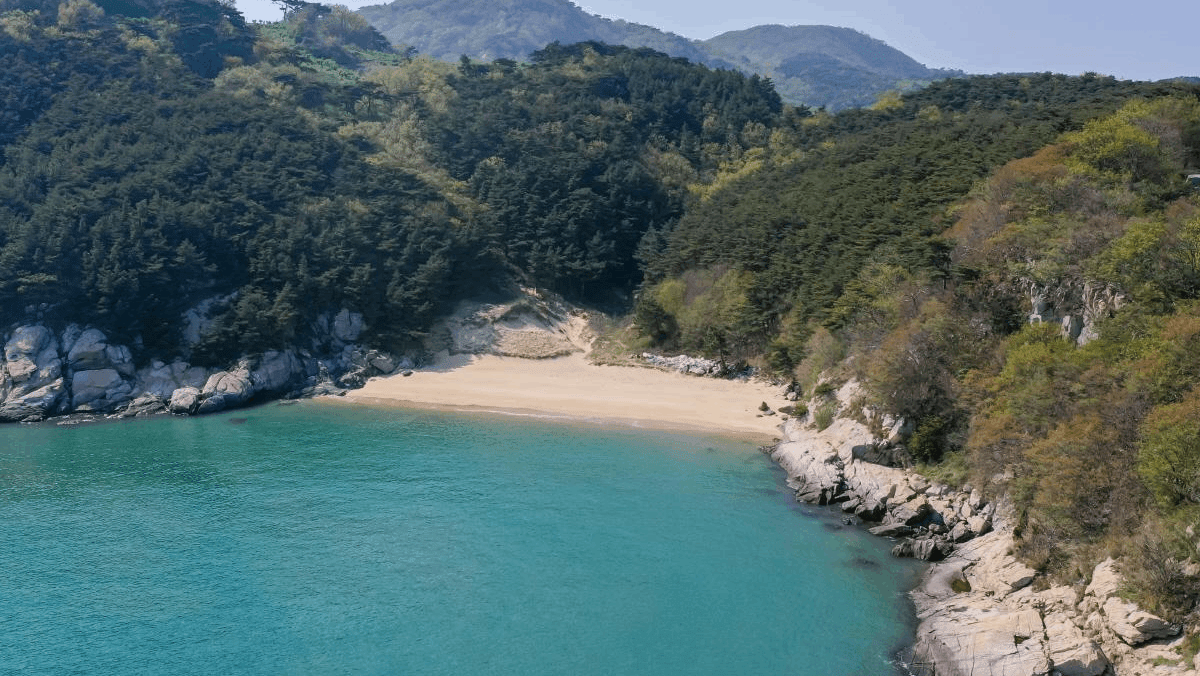 해안 절벽과 울창한 숲 사이에 아늑하게 자리 잡은 문갑도 해변의 전경 사진. / 인천섬포털