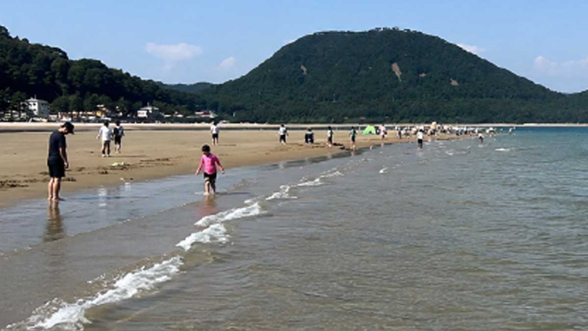 바닷가 모래사장에서 사람들이 얕은 물에 발을 담그며 여유롭게 거닐고 있다. / 풀등섬 대이작도