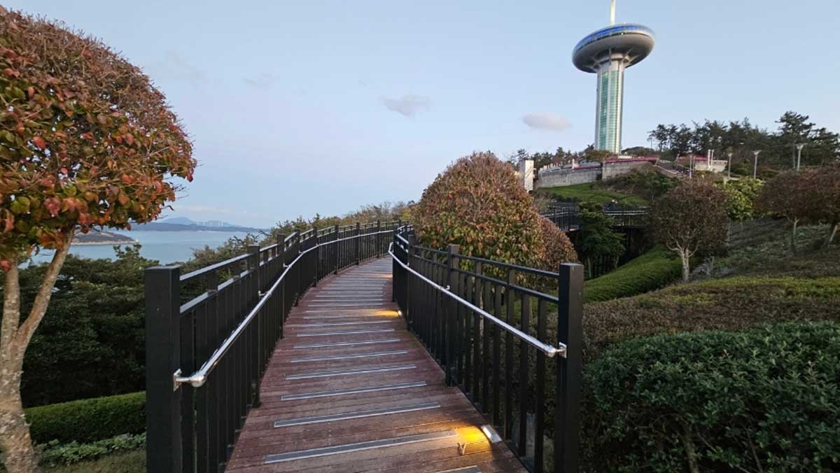 완도타워 주변 동망산 자락을 따라 야간 조명 시설과 함께 조성된 목재 데크 산책로. / 한국관광공사