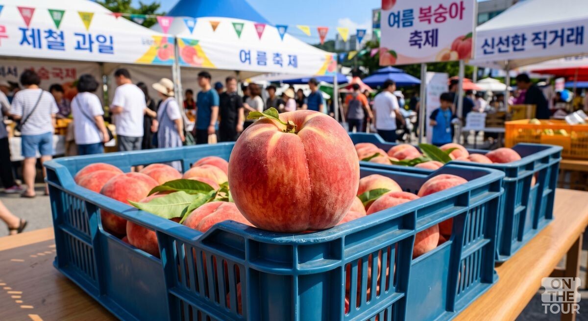 복숭아가 플라스틱 상자에 담겨져 있다. (AI 생성 이미지) / 온더투어