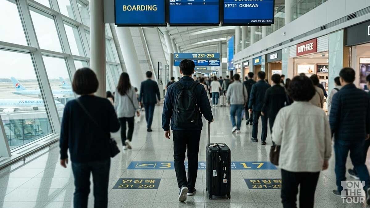 인천공항 출국장을 가로지르는 여행객의 뒷모습이다. / 온더투어
