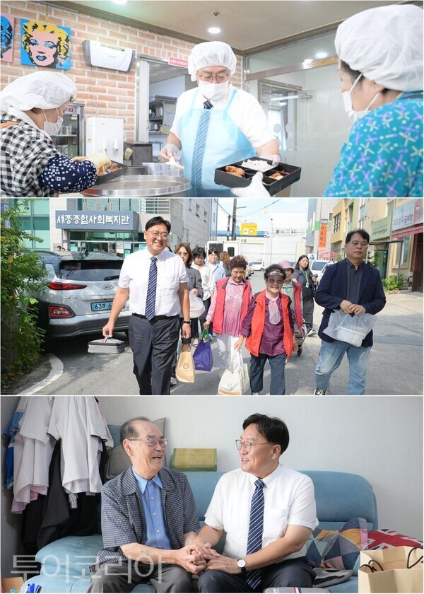 ▲조상호 세종시장이 지난 16일 세종종합사회복지관에서 열린 초복 맞이 보양식 나눔 행사에 참여해, 독거 어르신들에게 보양식 도시락을 직접 전달하고 건강 상태를 살피는 등 생활 현장 중심의 소통 행정을 펼쳤다. /사진-세종시(편집 류석만 기자)