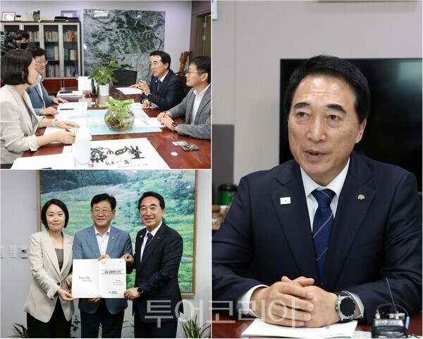▲박수현 충남도지사가 지난 20일 국회의원회관을 찾아 국회 기후에너지환경위원회 김정호 위원장과 이소영 여당 간사를 만나, 발전공기업 통합 본사의 충남 설치와 기후에너지환경부 산하 공공기관의 충남혁신도시 이전을 공식 건의하고 있다. /사진-충남도(편집 류석만 기자)