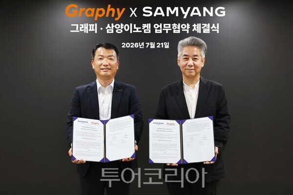 삼양이노켐이 21일 서울 금천구에 위치한 그래피 본사에서 ‘바이오 소재 기반 덴탈 솔루션 공동 개발 협약식’을 가졌다. (왼쪽부터 삼양이노켐 류훈 사업PU장, 그래피 심운섭 대표이사)