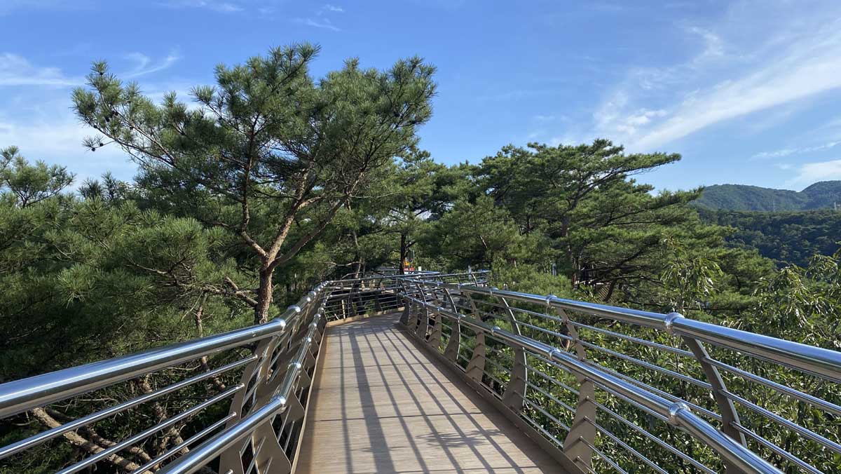 숨을 고르며 걸을 수 있도록 조성된 700m 길이의 친환경 데크 산책로. / 원주시