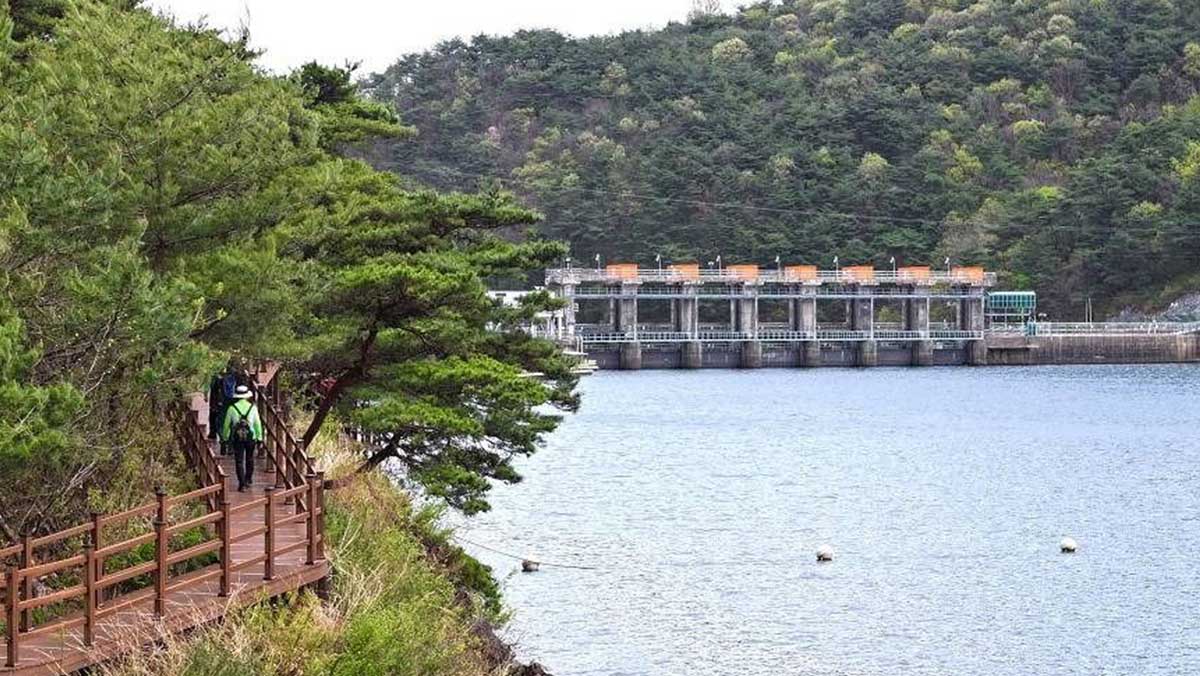 산비탈 데크 산책로 너머로 괴산호의 물줄기를 막고 서 있는 괴산댐의 전경이 한눈에 들어온다. / 한국관광공사