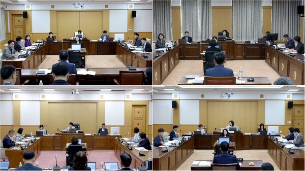 ▲(上)왼쪽부터 시계방향. 대전시의회 복지환경위원회, 산업건설위원회, 행정자치위원회, 교육위원회 의원들 대전시 추가경정예산안과 기금운용계획변경안 심사 및 점검 회의 모습. /사진-대전(편집 류석만 기자)