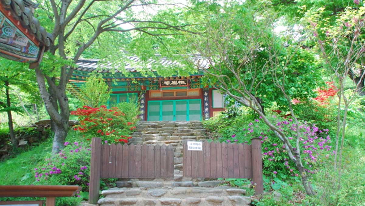 푸른 숲길과 이어지는 고풍스러운 사찰 전각. / 강화군청