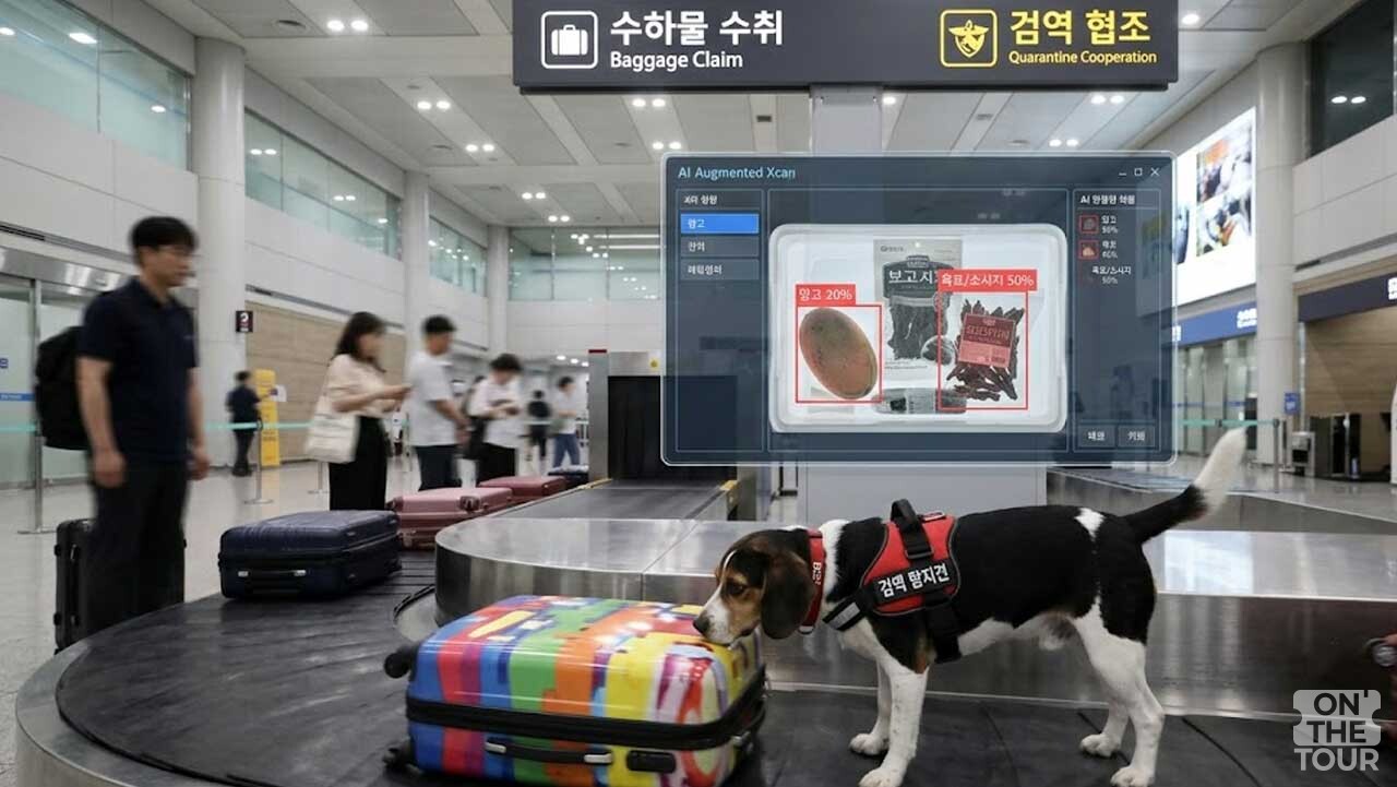 입국장 수하물 수취대 주변에서 반입 금지 물품을 탐색하는 검역 탐지견. (AI 생성)/ 온더투어
