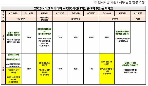 더게이트와 조국혁신당 김재원 의원실이 입수한 한국프로축구연맹의 2026 K리그 아카데미 - CEO과정(1차)의 세부 일정표. 참가한 구단 대표들은 오전에는 세미나, 오후에는 자유시간을 보냈다고 증언했다(사진=더게이트)