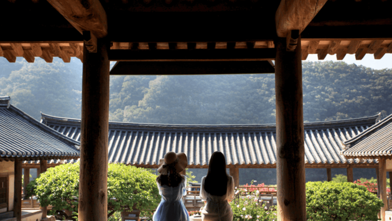 입교당 대청마루에서 만대루 기둥 프레임 너머로 바라본 풍경. / 한국관광공사