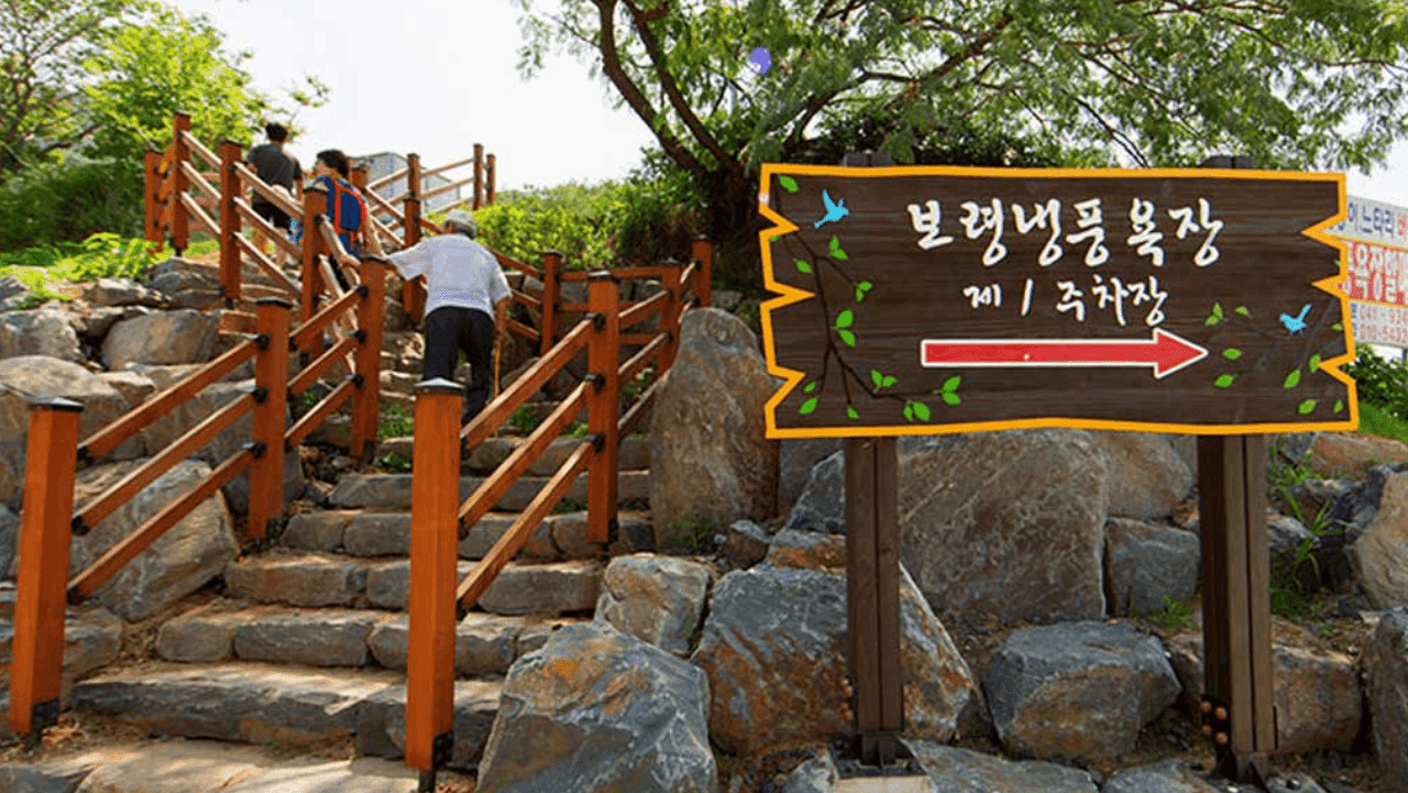 보령냉풍욕장 제1주차장 안내 표지판과 진입 계단. / 보령시청