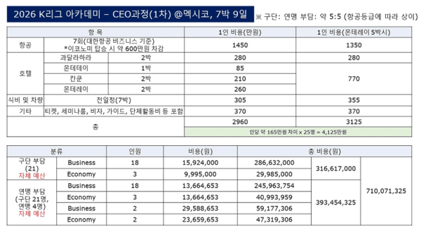 참관단 예산 사용 내역 및 재원