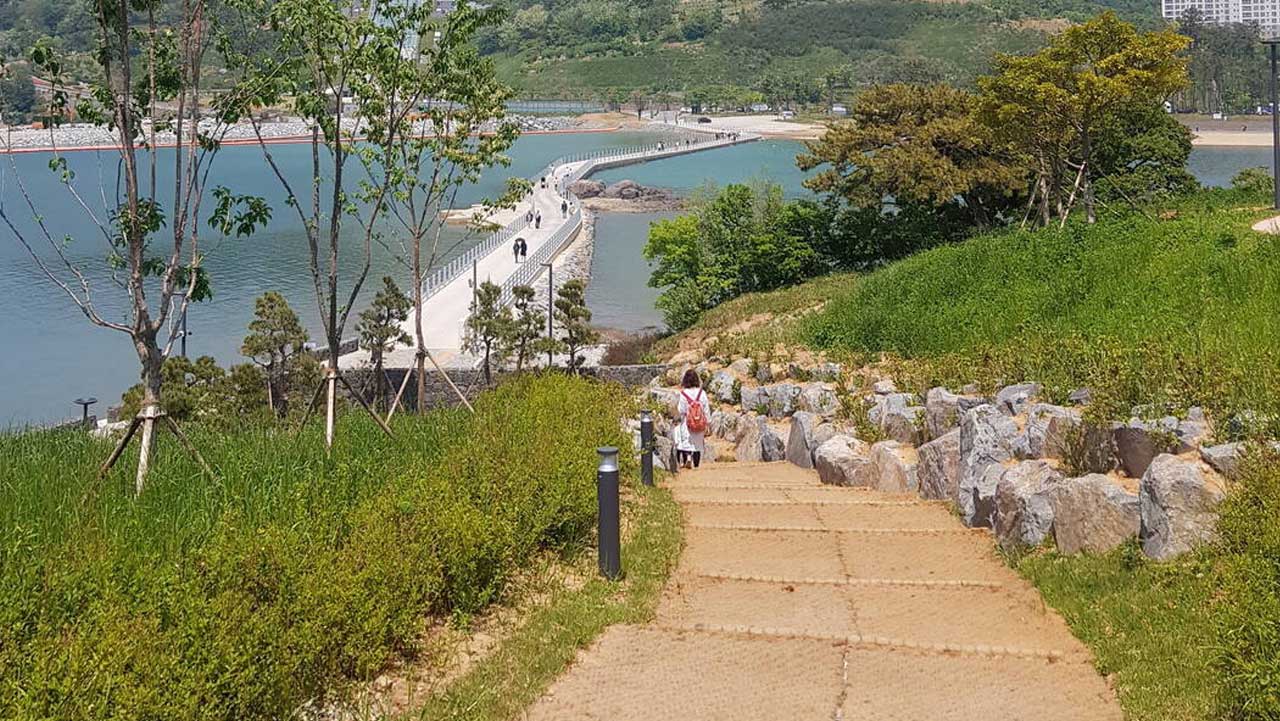 완만한 언덕을 따라 바다와 진입교를 멀리 내다보며 걷는 다도해 정원 산책길. / 여수관광문화