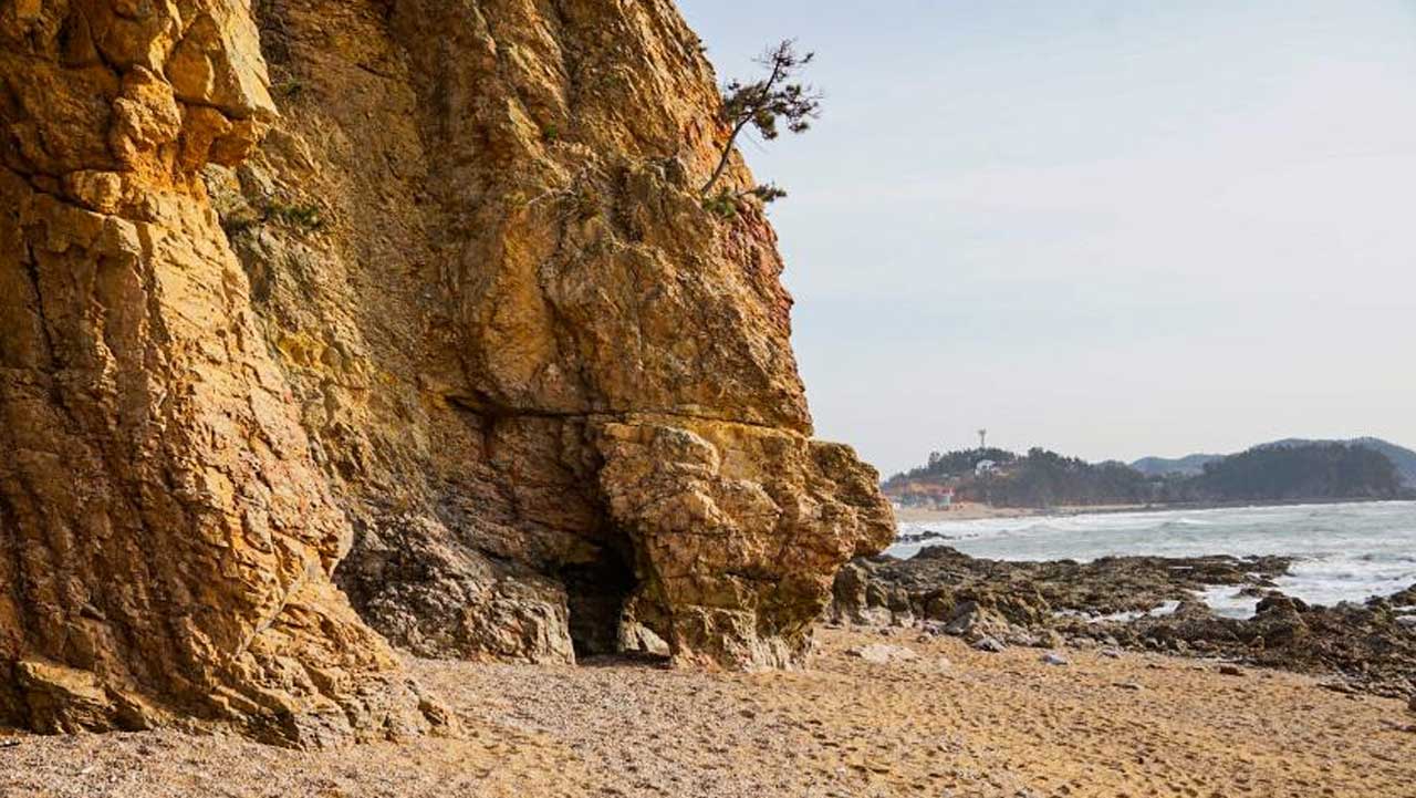 갯바위와 붉은 암벽이 당당하게 솟아 있는 파도리 해변. / 충남도청