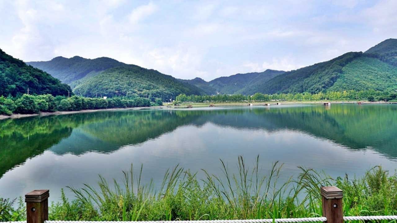 산자락과 맑은 수면이 한 폭의 그림처럼 어우러진 괴산 저수지 전경. / 괴산군 이민숙