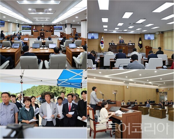 ▲(上)왼쪽부터 시계방향. 논산시의회 제273회 임시회 조례안과 주요 안건 처리, 부여군의회 제302회 임시회 조례안과 동의안 등 심의·의결, 서천군의회 제344회 임시회 상반기 주요업무 추진실적 점검 및 ‘동백정 해수욕장 복원 및 리조트 조성사업’현장 점검 모습. /사진-논산·부여·서천(편집 류석만 기자)