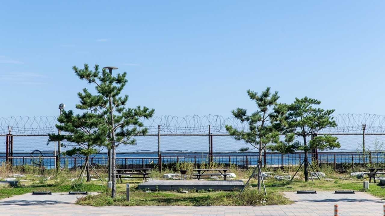철책선 너머로 바다가 내려다보이는 동해안 최북단 해변 쉼터. / 한국관광콘텐츠랩