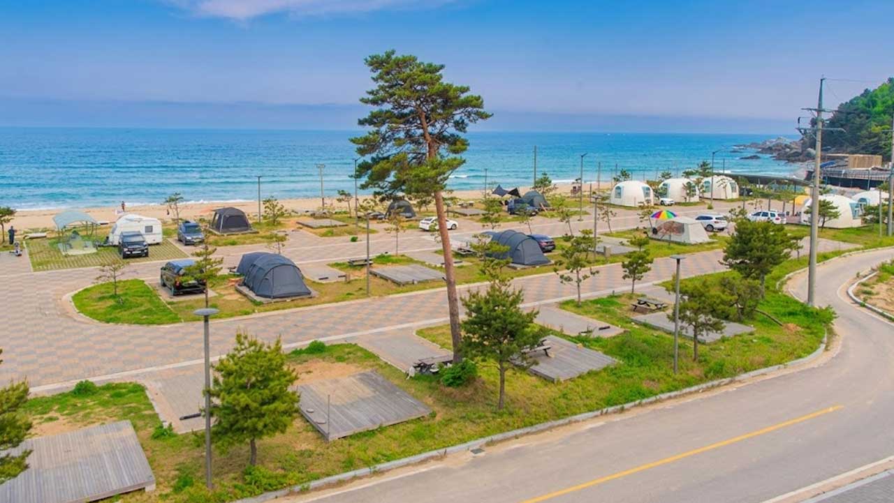 동해 바다를 배경으로 아늑하게 펼쳐진 명파해변 캠핑장 전경. / 한국관광콘텐츠랩
