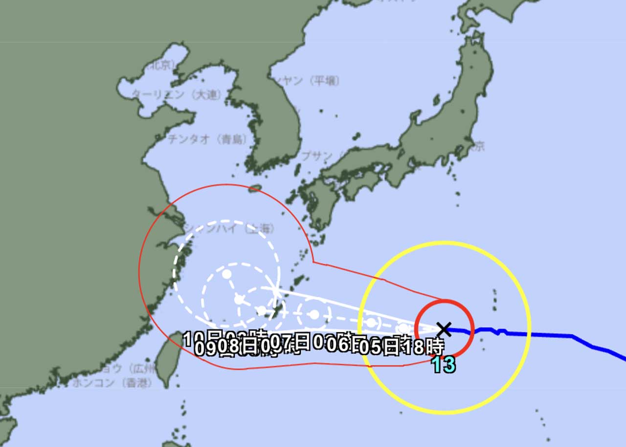 5일 일본 기상청이 발표한 제13호 태풍 '돌핀'의 예상 이동 경로도. / 일본 기상청