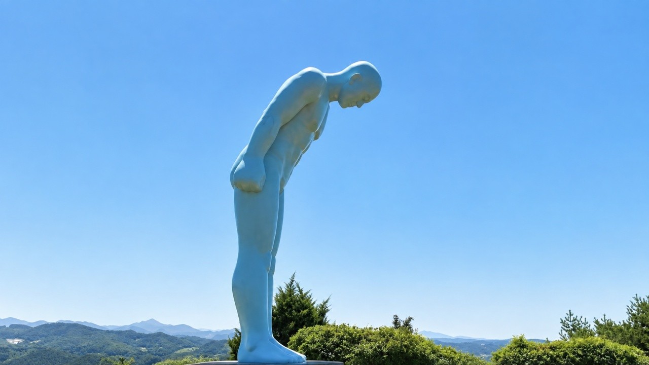 고개를 숙이고 있는 그리팅맨. / ⓒ한국관광공사 제공