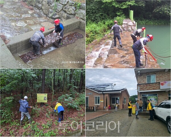▲(上)서산시 사방시설 점검 및 정비, (下)천안시 산사태 취약지역 예찰 및 주민대피 사전 안내 모습. /사진-충남도(편집 류석만 기자)