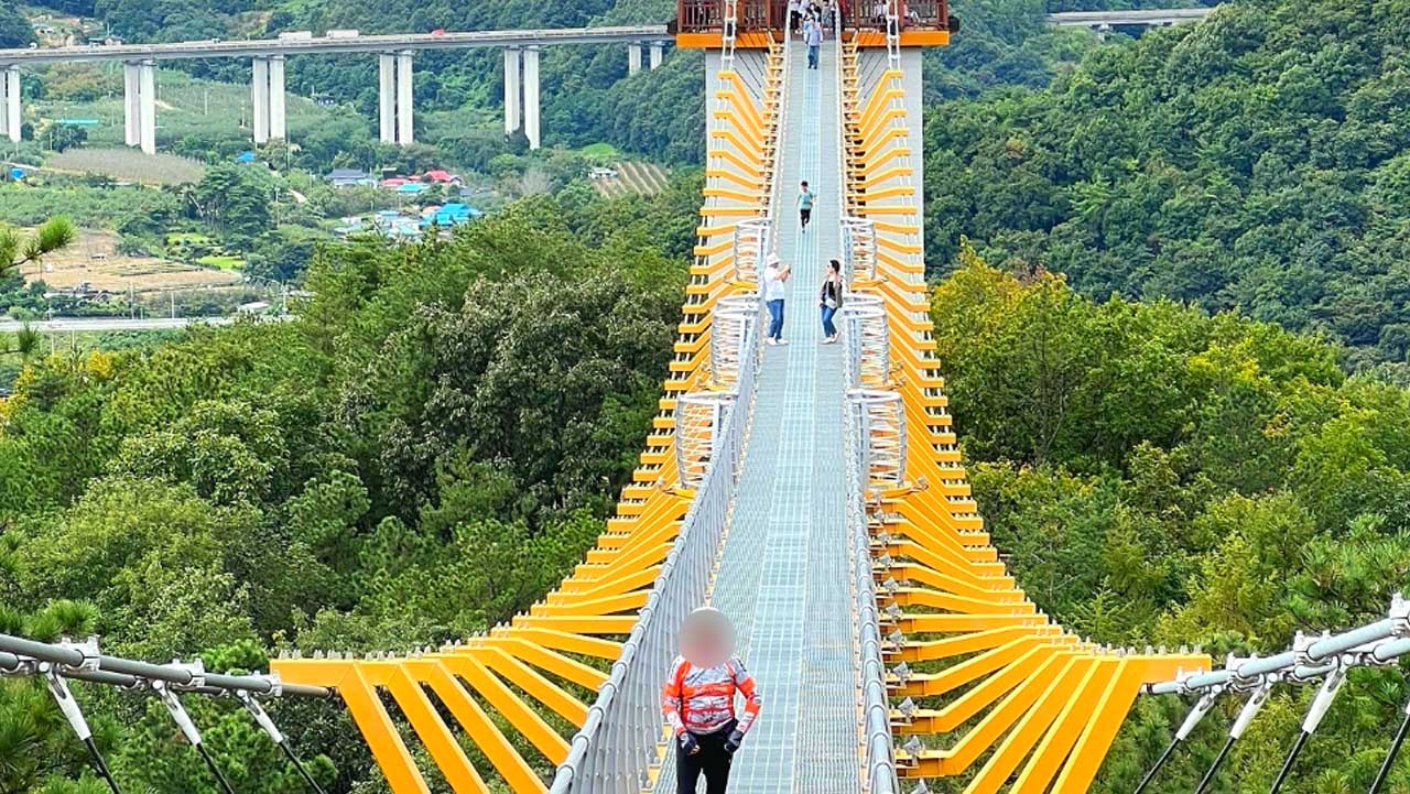 입장료나 주차비 없이 시원한 산바람을 맞으며 거닐 수 있는 출렁다리 상부 길. / 경북도청