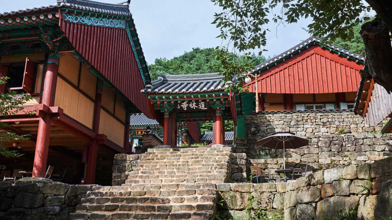 정갈한 돌계단과 석축 위로 '도림사' 현판이 맞이해 주는 사찰 진입로 전경. / 곡성문화관광
