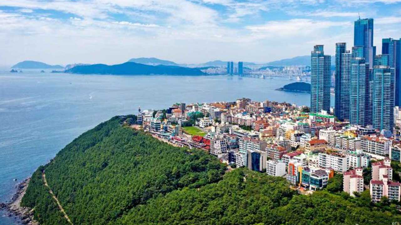 울창한 숲과 아름다운 해안선, 해운대 도심이 어우러진 달맞이길 언덕 전경. / 한국관광공사