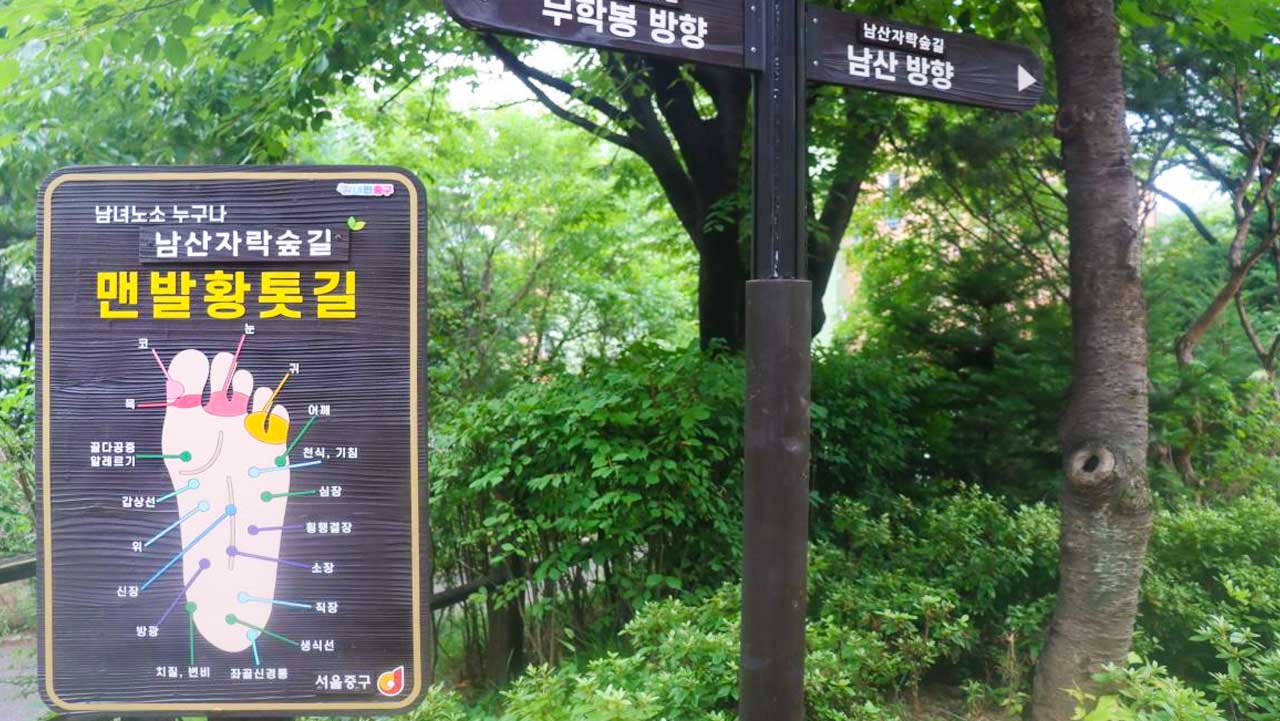맨발 걷기를 즐길 수 있도록 조성된 맨발황톳길 안내판과 숲길 이정표. / 내 손안에 서울