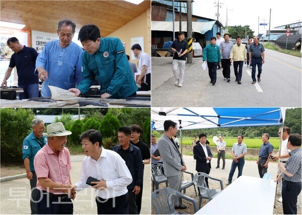 ▲(上)왼쪽부터 시계방향. 박정주 홍성군수 홍동면 농업유물전시관 현장 점검, 금마면 인도 설치 구역 확인, 갈산면 농공단지 부지 점검, 천수만권역 상황오토캠핑장 방문 모습. /사진-홍성군(편집 류석만 기자)