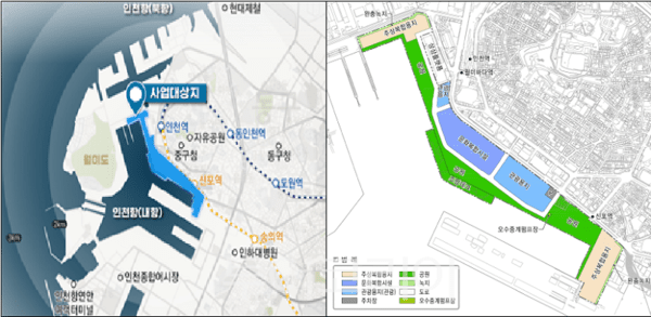 인천항 내항 1·8부두 재개발사업 위치도 및 토지이용계획