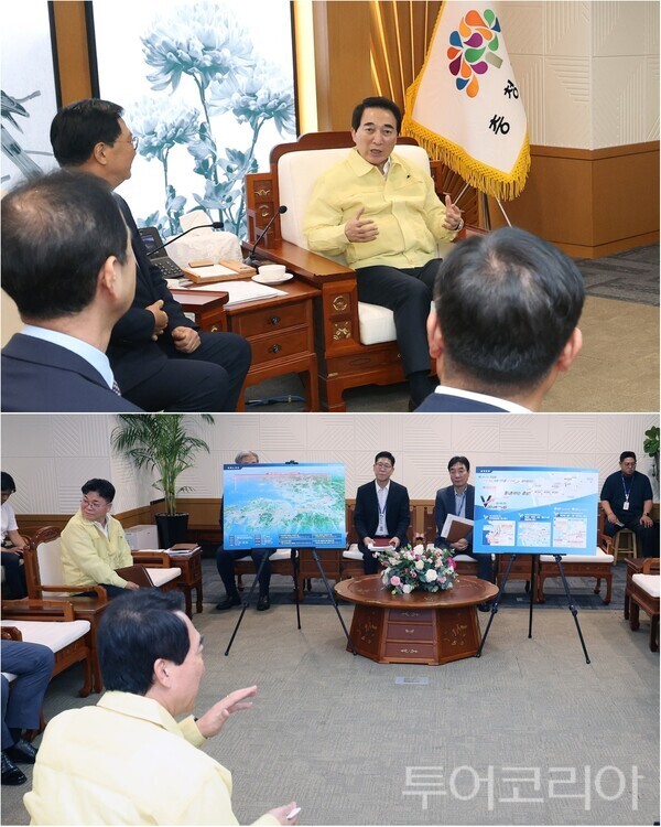 ▲박수현 충남지사가 19일 도청 접견실에서 태안∼안성 고속도로 최초 제안 컨소시엄 관계자들을 만나 사업 추진 상황을 공유하고 원활한 사업 진행을 위한 협력 방안을 논의하고 있다. /사진-충남도(편집 류석만 기잔)