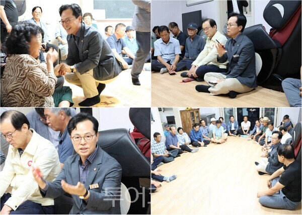 ▲윤용근(공주·부여·청양) 국회의원이 지난 22일 청양군 정산면 역촌1리를 찾아 주민들과 ‘밤마실’을 갖고 도로·배수·하천 정비 등 생활 현안을 직접 청취하고 있다. /사진-윤용근 국회의원실(편집 류석만 기자)