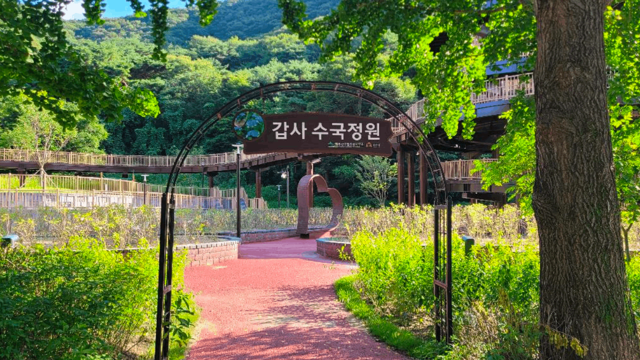 포토존과 아치 구조물이 정갈하게 조성된 갑사 수국정원 입구 산책로 풍경. / 충청남도청