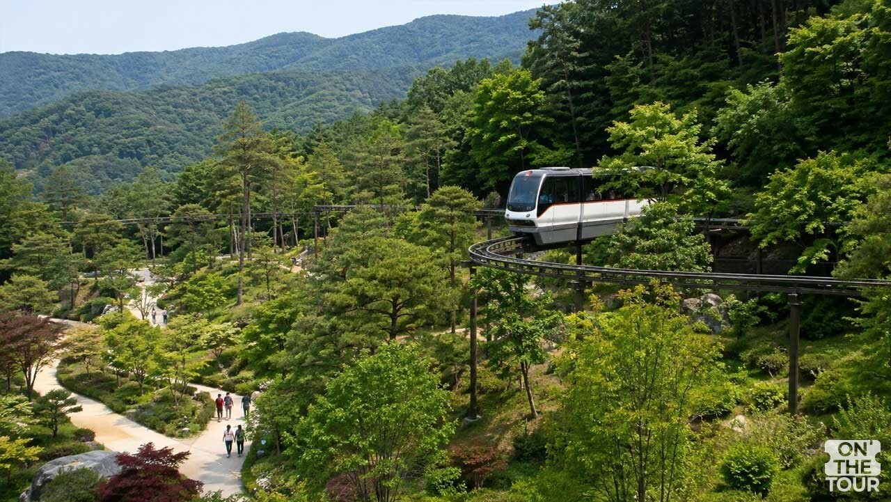 숲속 선로를 약 20분간 순환하며 숲 전체를 편안하게 둘러볼 수 있는 모노레일. (AI 생성) / 온더투어