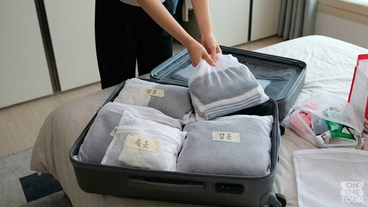 속옷, 겉옷, 잠옷을 구별해 세탁망에 분류 후 가방에 넣고 있다. (AI 생성) / 온더투어