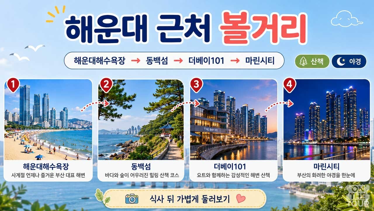 해운대해수욕장에서 동백섬, 더베이101, 마린시티로 이어지는 산책 및 야경 코스 가이드. / 온더투어