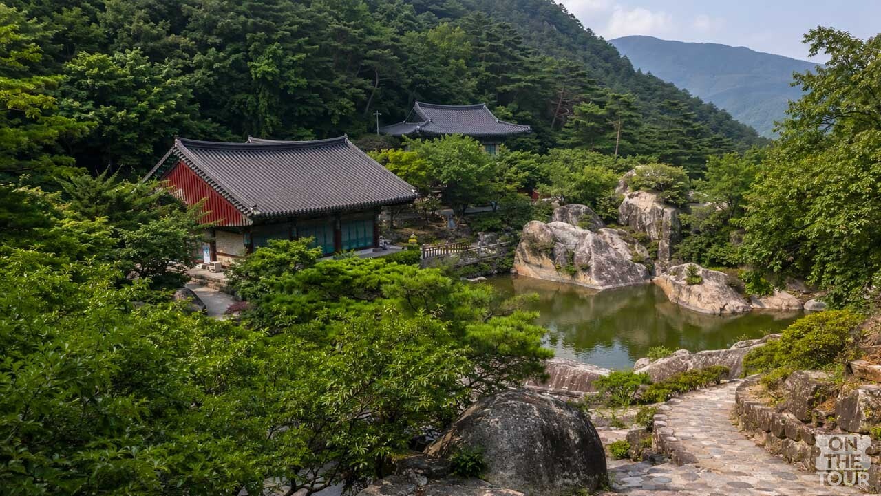 함양 서암정사 전경과 거대한 자연 암반에 정교하게 조각된 마애불상. (AI 생성) / 온더투어