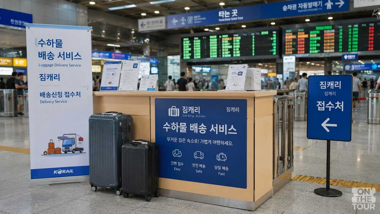 현장 접수 조기 마감에 대비해 온·오프라인 사전 예약을 권장하는 짐 배송 접수처. (AI 생성) / 온더투어