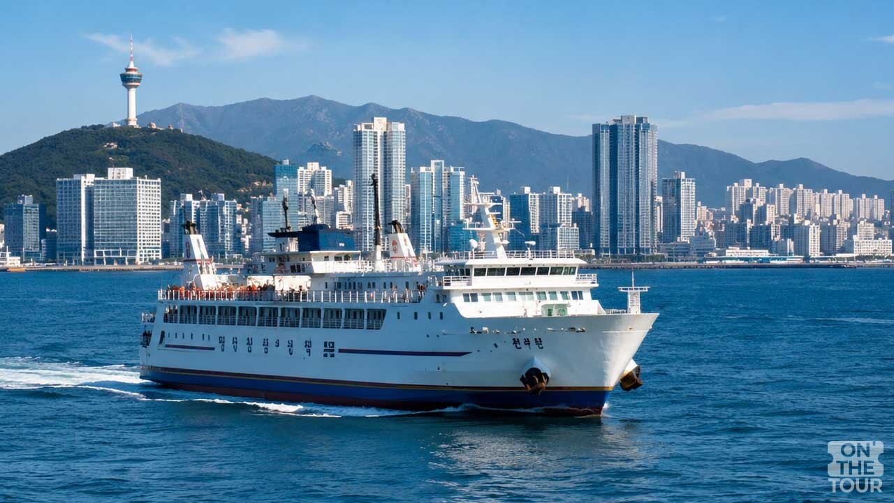 부산항을 출발해 대마도로 향하는 여객선과 푸른 부산 도심 해안 풍경(AI 생성) . / 온더투어