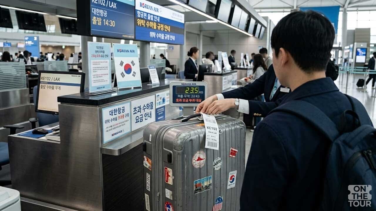 공항 체크인 카운터에서 위탁 수하물 무게를 확인하고 수하물 태그를 부착하는 수속 현장. / 온더투어
