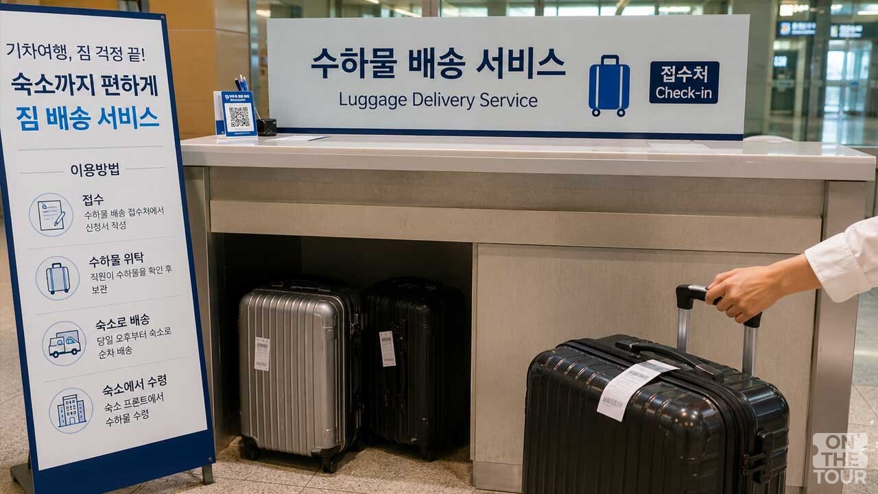 기차역에 도착한 뒤 숙소로 짐을 곧바로 보내기 위해 접수처에 캐리어를 맡기는 모습. (AI 생성) / 온더투어