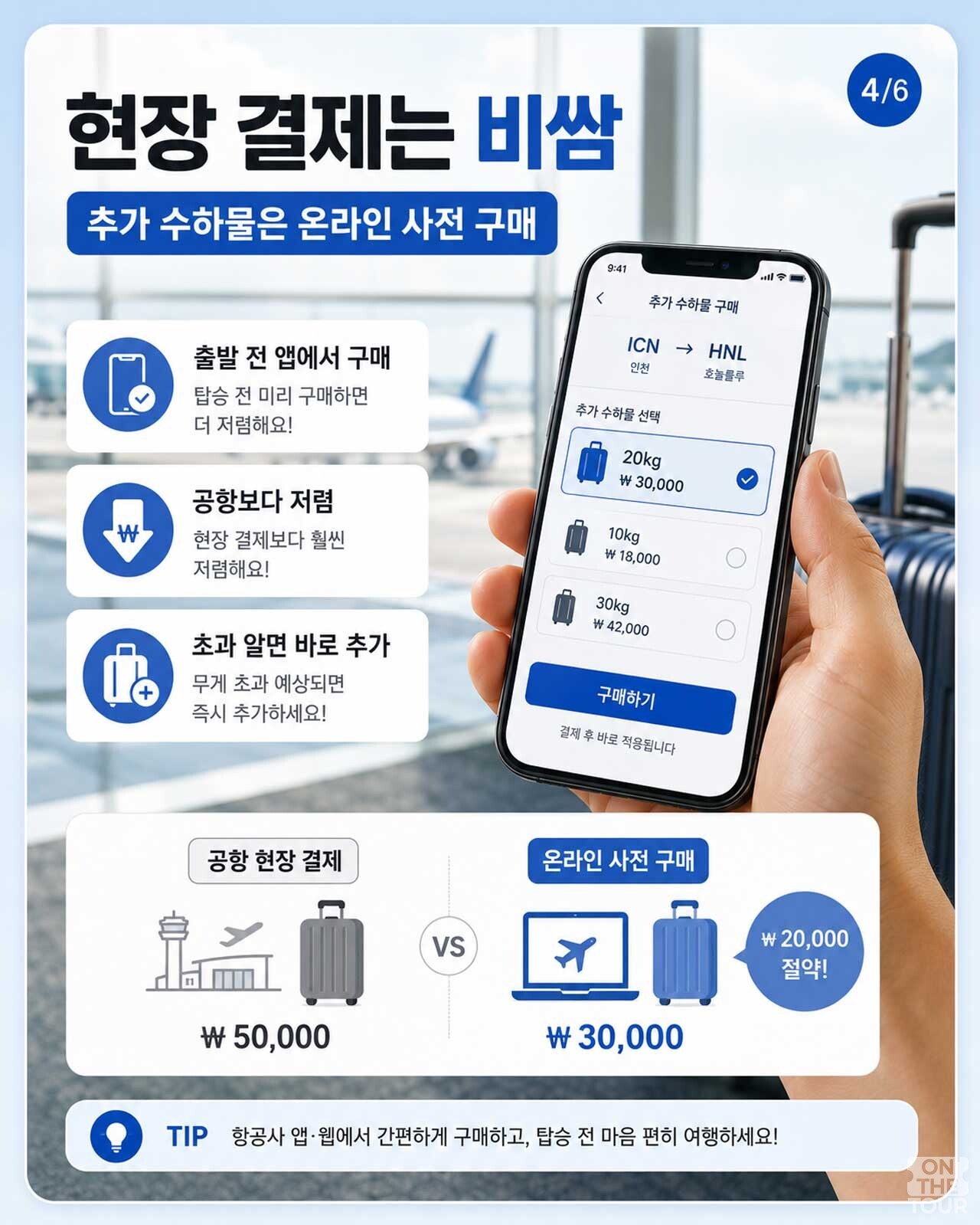공항 현장 결제보다 항공사 앱·웹을 이용해 사전 구매할 경우 수하물 추가 비용을 절약할 수 있다. / 온더투어