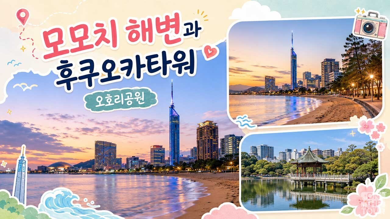 스미요시 신사 산책 후 오호리공원, 모모치 해변, 후쿠오카타워로 이어지는 2일차 코스(AI 생성). / 온더투어