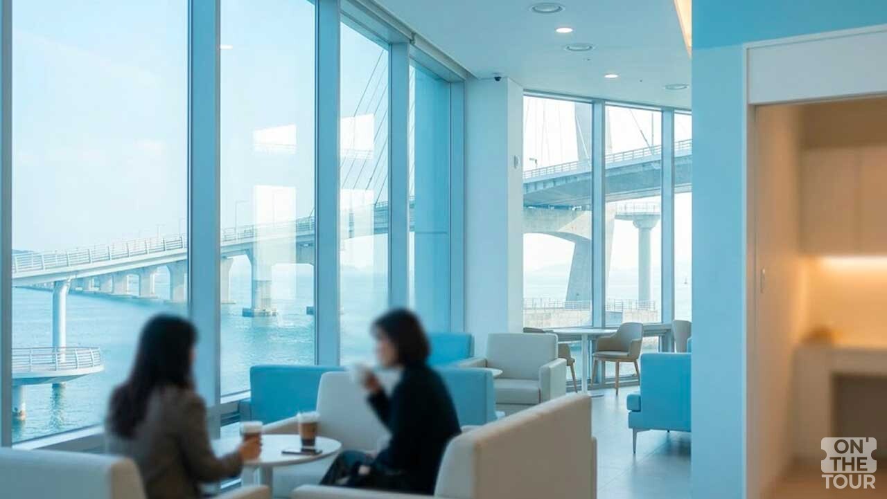 바다와 다리 풍경을 감상하며 여유롭게 쉴 수 있는 라운지. (AI 생성) / 온더투어