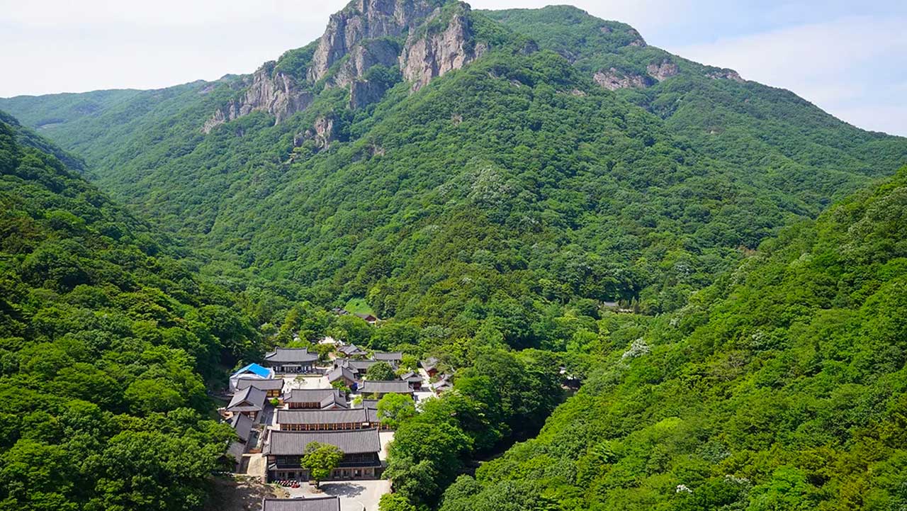 내장산국립공원의 울창한 숲과 수려한 암봉으로 둘러싸인 장성 백양사 전경. / 템플스테이
