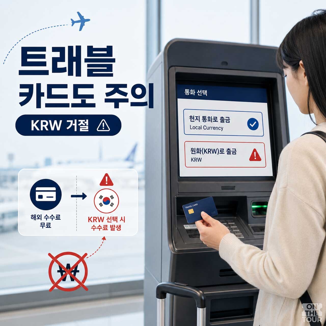 수수료 무료 혜택이 있는 트래블 카드를 사용할 때도 ATM 화면에서 현지 통화를 선택. (AI 생성) / 온더투어