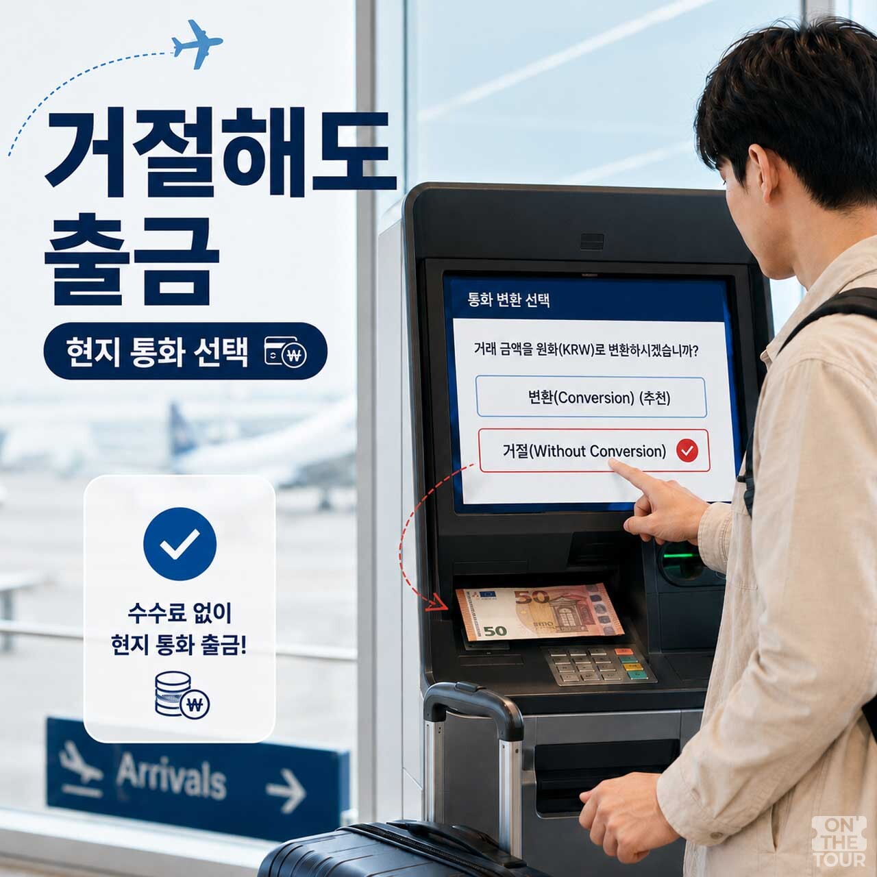 원화 환전을 거절해도 출금이 취소되지 않고 현지 통화로 정상 인출된다. (AI 생성) / 온더투어