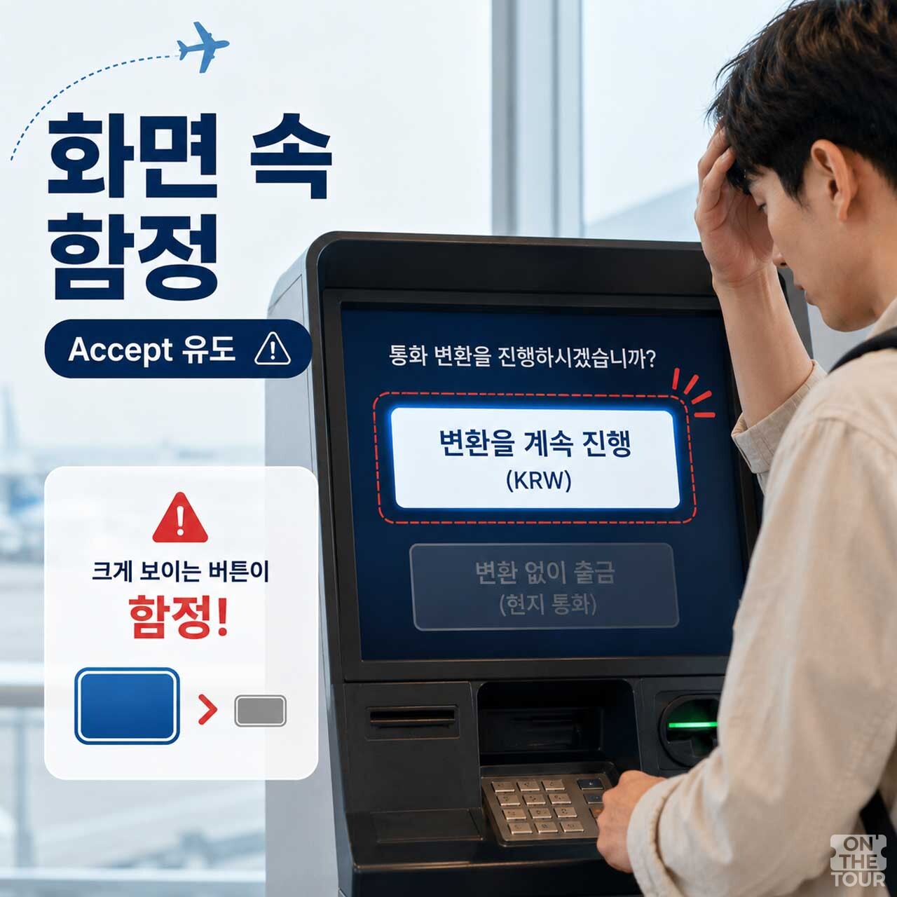 원화 변환(Conversion) 진행을 눈에 띄게 유도하는 ATM 화면 속 함정 문구 주의 안내. (AI 생성) / 온더투어